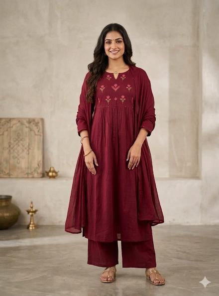 Jaipuri anarkali 3pcs maroon wholesale kurti suppliers in ahmedabad